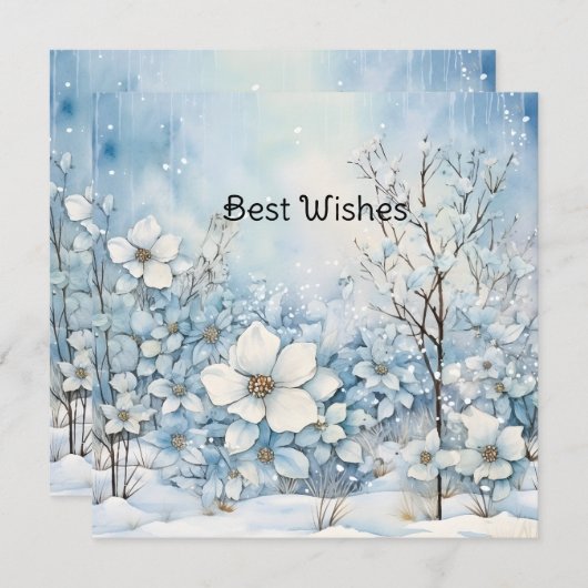 パステルブルーウィンターフラワークリスマス シーズンカード (正面/裏面)