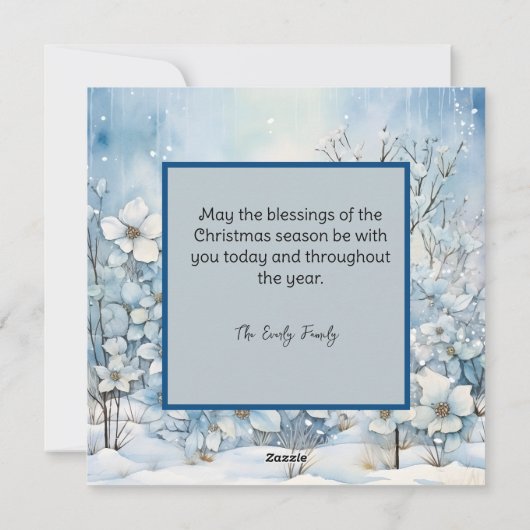 パステルブルーウィンターフラワークリスマス シーズンカード (裏面)