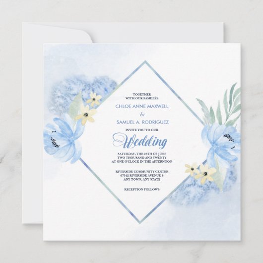 パステルブルーウォーターの色のフローラフレームウェディング招待 招待状 (正面)