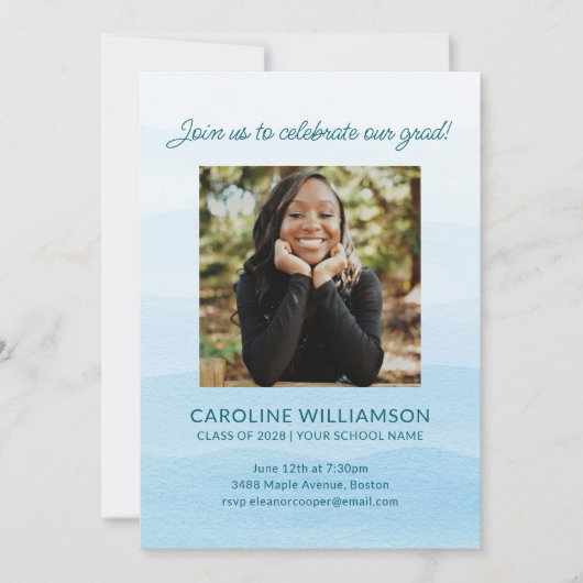 パステルブルーウォーターカラーシック写真卒業パーティー 招待状 (正面)