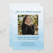 パステルブルーウォーターカラーシック写真卒業パーティー 招待状 (正面/裏面)