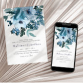 パステルブルーウォーターカラーバラ結婚ズ 招待状