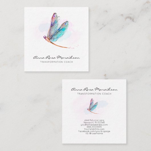 *~*パステルブルーウォーターカラーピンクトンボビジネス スクエア名刺 (正面/裏面)