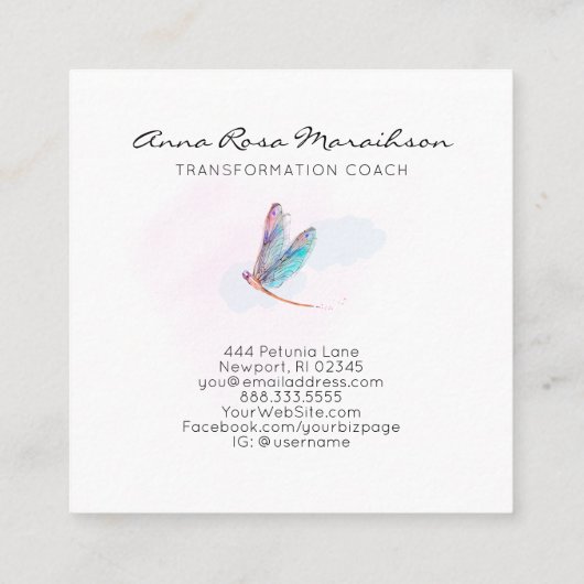 *~*パステルブルーウォーターカラーピンクトンボビジネス スクエア名刺 (裏面)