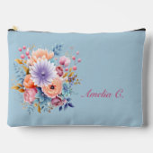 パステルブルーウォーターカラーフローラ化粧品バッグ アクセサリーポーチ (正面)