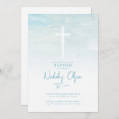 パステルブルーウォーターカラー男の赤ちゃんバプテスマ招待状 招待状 (正面/裏面)