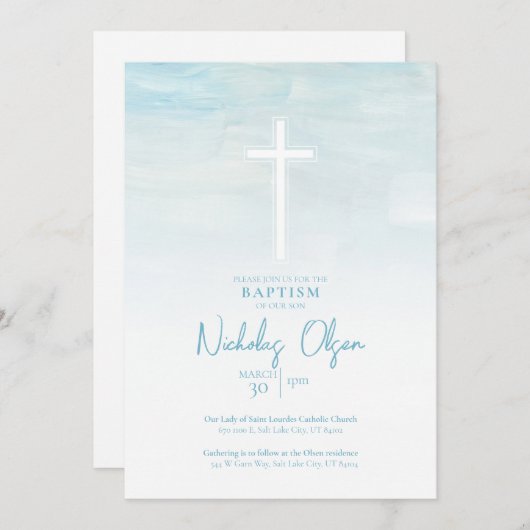 パステルブルーウォーターカラー男の赤ちゃんバプテスマ招待状 招待状 (正面/裏面)