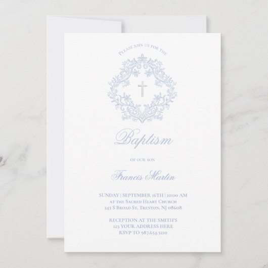 パステルブルーエレガントクレスト男の赤ちゃんバプテスマ 招待状 (正面)