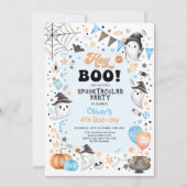 パステルブルーオレンジハロウィーン幽霊ボーイ誕生日イン 招待状 (正面)