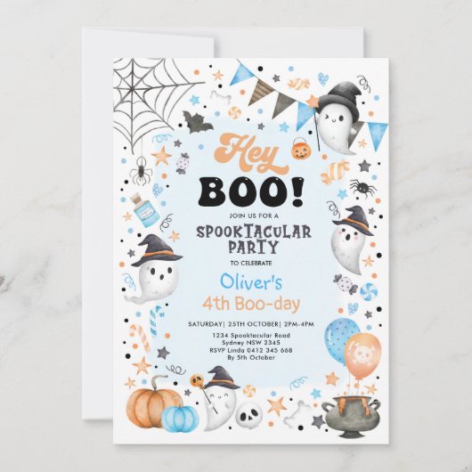 パステルブルーオレンジハロウィーン幽霊ボーイ誕生日イン 招待状 (正面)