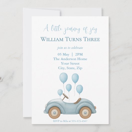 パステルブルーカー&バルーンボーイズ誕生日パーティー – 招待状 (正面)