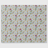 パステルブルークイーンビーハニカム&エキゾチック花 ラッピングペーパー (フラット)