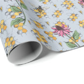 パステルブルークイーンビーハニカム&エキゾチック花 ラッピングペーパー (ロールコーナー)