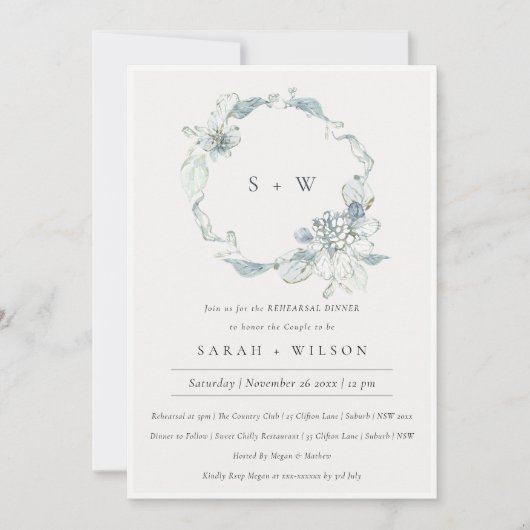 パステルブルーグリーンリーフリハーサルディナー招待状 サンキューカード (正面)