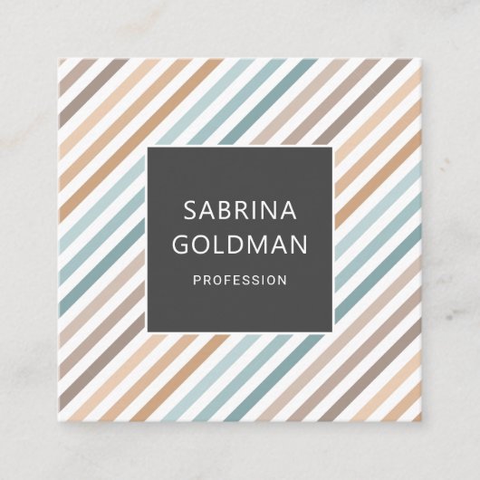 パステルブルーグレーストライプ金ゴールドQRコード スクエア名刺 (正面)