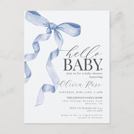 パステルブルーコケットボーガールベビーシャワー招待状 ポストカード (正面)