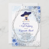 パステルブルーシルバーフィエスタボーイバプティスマ誕生日 招待状 (正面)