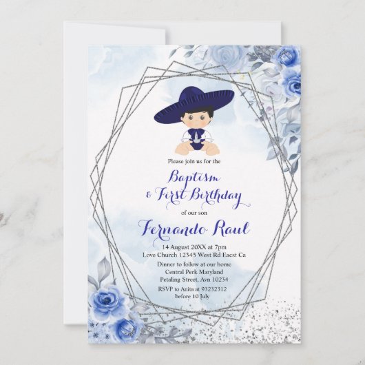 パステルブルーシルバーフィエスタボーイバプティスマ誕生日 招待状 (正面)