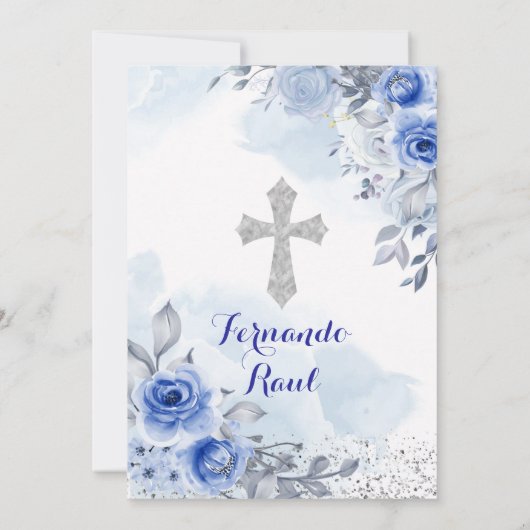 パステルブルーシルバーフィエスタボーイバプティスマ誕生日 招待状 (裏面)