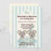 パステルブルーストライプベビーコアラツイン子供の誕生日 招待状 (正面/裏面)