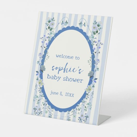 パステルブルーストライプリースベビーシャワーウェルカム 台座サイン (正面)