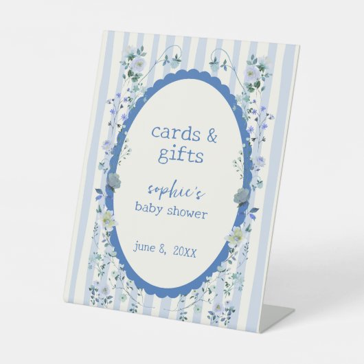 パステルブルーストライプリースベビーシャワーカード&ギフト 台座サイン (正面)