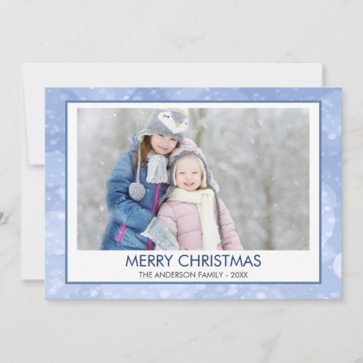 パステルブルースパークルスノー《写真》ぼけ味クリスマスフォト シーズンカード (正面)