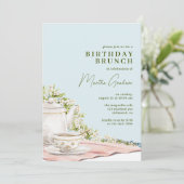 パステルブルーティーポットフローラエレガント誕生日ブランチ 招待状 (スタンド正面)