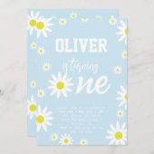 パステルブルーデイジー1st誕生日パーティーボホホワイト 招待状 (正面/裏面)