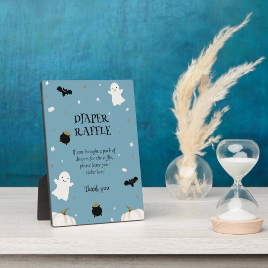 パステルブルーハロウィーンベビーシャワーおむつラッフル フォトプラーク (側面)