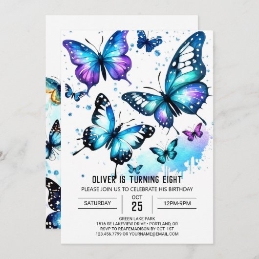 パステルブルーバタフライボーイ誕生日 招待状 (正面/裏面)