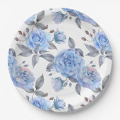 パステルブルーバラパターン ペーパープレート (正面)