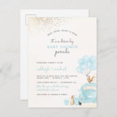 パステルブルーバルーンカーバイボーイベビーシャワー インビテーションポストカード (正面/裏面)