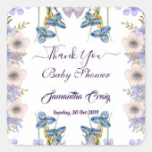 パステルブルーバdsパープルフラワーズベビーシャワー スクエアシール (正面)