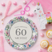パステルブルーパープルピンクフローラ60誕生日 ペーパープレート (パーティー)