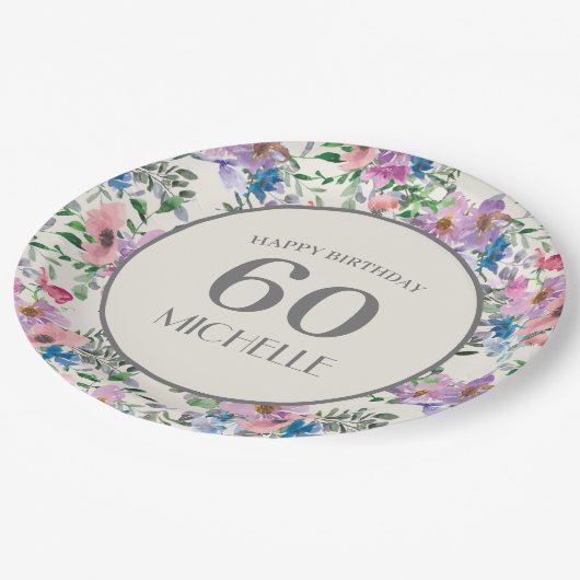 パステルブルーパープルピンクフローラ60誕生日 ペーパープレート (アングル)