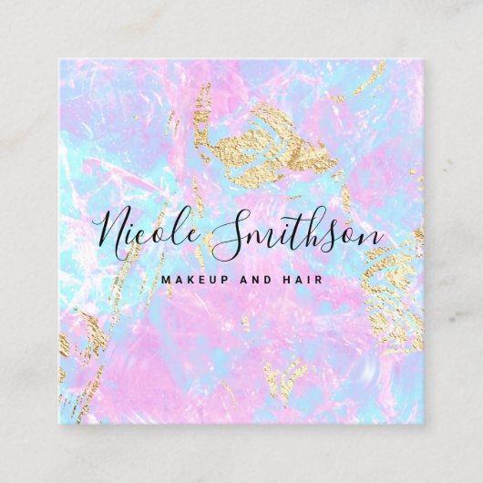 パステルブルーパープルマーブルフェイクと金ゴールド箔 スクエア名刺 (正面)