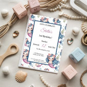 パステルブルーピンクキャットマーメイドガールバースデーパーティー 招待状