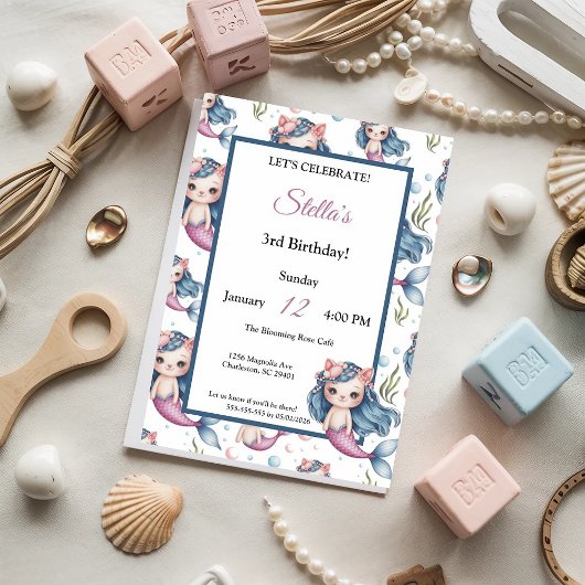 パステルブルーピンクキャットマーメイドガールバースデーパーティー 招待状