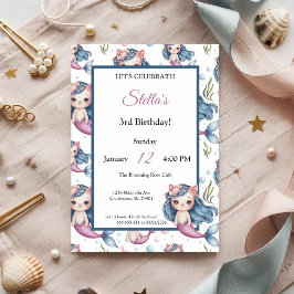 パステルブルーピンクキャットマーメイドガールバースデーパーティー 招待状