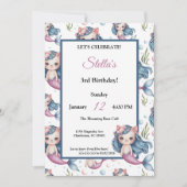 パステルブルーピンクキャットマーメイドガールバースデーパーティー 招待状 (正面)