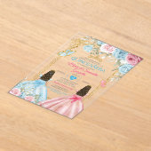 パステルブルーピンクバタフライフローラ金ゴールドキンセアニラ アクリル招待状 (レイダウン)