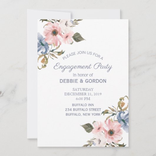 パステルブルーピンクパープルフラワー結婚ズ婚約 招待状 (正面)