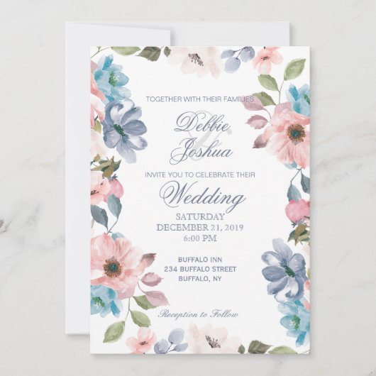 パステルブルーピンクパープルフラワー結婚式招待状 招待状 (正面)