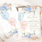 パステルブルーピンクフローラバルーン双子ベビーシャワー 招待状
