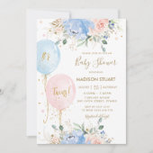 パステルブルーピンクフローラバルーン双子ベビーシャワー 招待状 (正面)