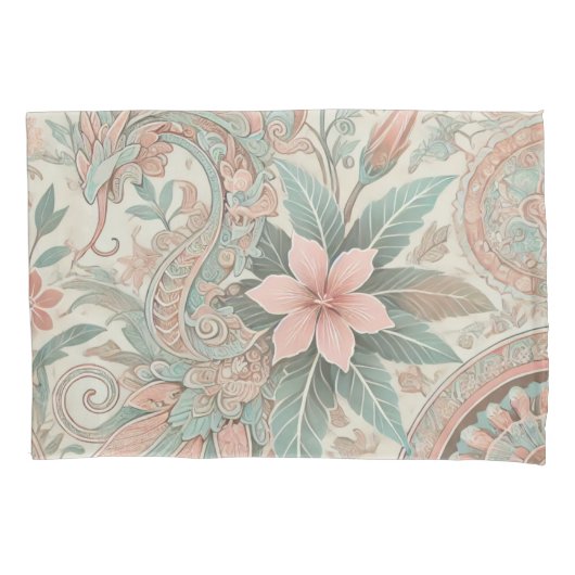 パステルブルーピンクボホインドネシアろうけつ染めフローラ 枕カバー (正面)
