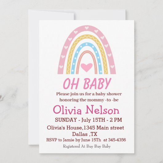 パステルブルーピンクレインボーオーベビーシャワー 招待状 (正面)