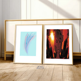 パステルブルーピンク抽象芸術羽毛付き翼 ポスター