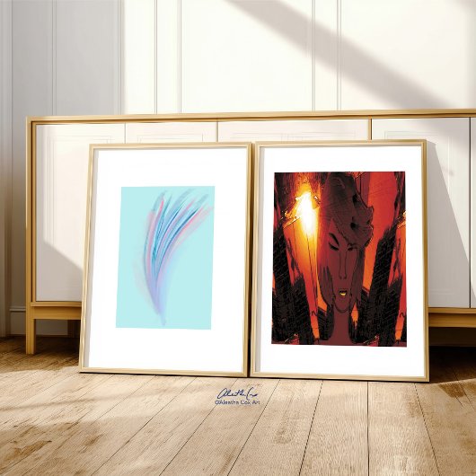 パステルブルーピンク抽象芸術羽毛付き翼 ポスター